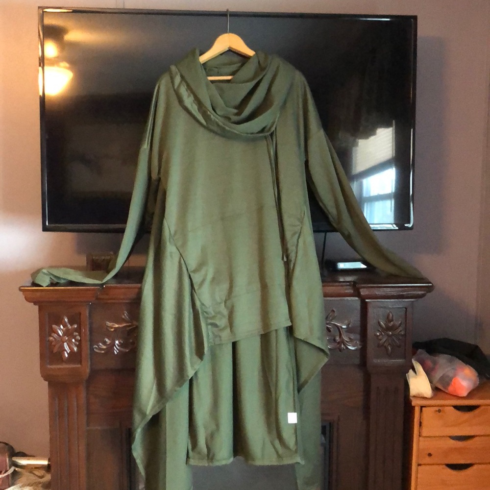 hi low cowl neck hoodie with thumb holes.